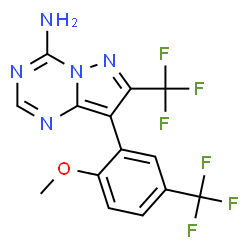 ChemSpider 2D Image | 8-[2-Methoxy-5-(trifluoromethyl)phenyl]-7-(trifluoromethyl)pyrazolo[1,5-a][1,3,5]triazin-4-amine | C14H9F6N5O
