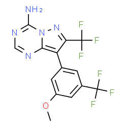 ChemSpider 2D Image | 8-[3-Methoxy-5-(trifluoromethyl)phenyl]-7-(trifluoromethyl)pyrazolo[1,5-a][1,3,5]triazin-4-amine | C14H9F6N5O