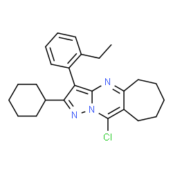 ChemSpider 2D Image | 10-Chloro-2-cyclohexyl-3-(2-ethylphenyl)-6,7,8,9-tetrahydro-5H-cyclohepta[d]pyrazolo[1,5-a]pyrimidine | C25H30ClN3