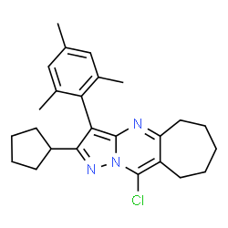 ChemSpider 2D Image | 10-Chloro-2-cyclopentyl-3-mesityl-6,7,8,9-tetrahydro-5H-cyclohepta[d]pyrazolo[1,5-a]pyrimidine | C25H30ClN3