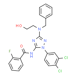 ChemSpider 2D Image | N-{3-[Benzyl(2-hydroxyethyl)amino]-1-(3,4-dichlorophenyl)-1H-1,2,4-triazol-5-yl}-2-fluorobenzamide | C24H20Cl2FN5O2