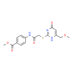 ChemSpider 2D Image | Methyl 4-[({[6-(methoxymethyl)-4-oxo-1,4-dihydro-2-pyrimidinyl]sulfanyl}acetyl)amino]benzoate | C16H17N3O5S