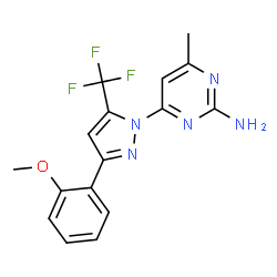ChemSpider 2D Image | 4-[3-(2-Methoxyphenyl)-5-(trifluoromethyl)-1H-pyrazol-1-yl]-6-methyl-2-pyrimidinamine | C16H14F3N5O