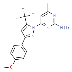 ChemSpider 2D Image | 4-[3-(4-Methoxyphenyl)-5-(trifluoromethyl)-1H-pyrazol-1-yl]-6-methyl-2-pyrimidinamine | C16H14F3N5O