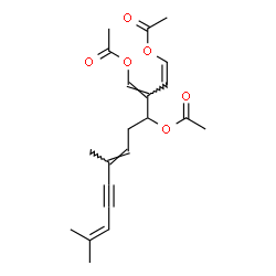 ChemSpider 2D Image | (1Z,3E,6E)-3-(Acetoxymethylene)-7,11-dimethyl-1,6,10-dodecatrien-8-yne-1,4-diyl diacetate | C21H26O6
