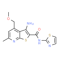 ChemSpider 2D Image | 3-Amino-4-(methoxymethyl)-6-methyl-N-(1,3-thiazol-2-yl)thieno[2,3-b]pyridine-2-carboxamide | C14H14N4O2S2