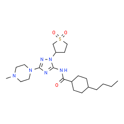ChemSpider 2D Image | 4-Butyl-N-[1-(1,1-dioxidotetrahydro-3-thiophenyl)-3-(4-methyl-1-piperazinyl)-1H-1,2,4-triazol-5-yl]cyclohexanecarboxamide | C22H38N6O3S