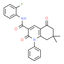 ChemSpider 2D Image | N-(2-Fluorophenyl)-7,7-dimethyl-2,5-dioxo-1-phenyl-1,2,5,6,7,8-hexahydro-3-quinolinecarboxamide | C24H21FN2O3