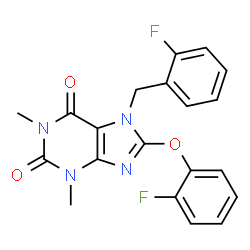 ChemSpider 2D Image | 7-(2-Fluorobenzyl)-8-(2-fluorophenoxy)-1,3-dimethyl-3,7-dihydro-1H-purine-2,6-dione | C20H16F2N4O3