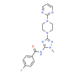 ChemSpider 2D Image | 4-Fluoro-N-{1-methyl-3-[4-(2-pyrimidinyl)-1-piperazinyl]-1H-1,2,4-triazol-5-yl}benzamide | C18H19FN8O