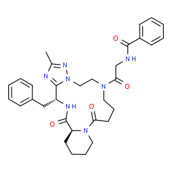 ChemSpider 2D Image | N-{2-[(16aS,19R)-19-Benzyl-2-methyl-11,17-dioxo-5,6,8,9,10,11,13,14,15,16,16a,17,18,19-tetradecahydro-7H-pyrido[1,2-a][1,2,4]triazolo[5,1-f][1,4,7,10]tetraazacyclotetradecin-7-yl]-2-oxoethyl}benzamide | C32H39N7O4