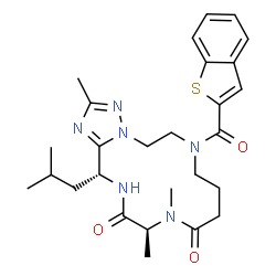 ChemSpider 2D Image | (13S,16R)-7-(1-Benzothiophen-2-ylcarbonyl)-16-isobutyl-2,12,13-trimethyl-5,6,7,8,9,10,12,13,15,16-decahydro[1,2,4]triazolo[1,5-d][1,4,7,10]tetraazacyclotetradecine-11,14-dione | C27H36N6O3S