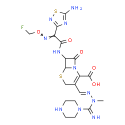 ChemSpider 2D Image | 7-({(2E)-2-(5-Amino-1,2,4-thiadiazol-3-yl)-2-[(fluoromethoxy)imino]acetyl}amino)-3-[(E)-{[imino(1-piperazinyl)methyl](methyl)hydrazono}methyl]-8-oxo-5-thia-1-azabicyclo[4.2.0]oct-2-ene-2-carboxylic ac
id | C19H24FN11O5S2