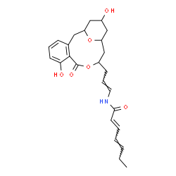 ChemSpider 2D Image | (2E,4E)-N-[(1E)-3-(7,15-Dihydroxy-9-oxo-10,17-dioxatricyclo[11.3.1.0~3,8~]heptadeca-3,5,7-trien-11-yl)-1-propen-1-yl]-2,4-heptadienamide | C25H31NO6