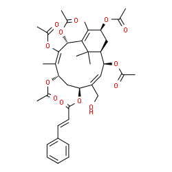 ChemSpider 2D Image | (1R,2S,3Z,5S,7S,8E,10R,13S)-2,7,9,10,13-Pentaacetoxy-4-(hydroxymethyl)-8,12,15,15-tetramethylbicyclo[9.3.1]pentadeca-3,8,11-trien-5-yl (2E)-3-phenylacrylate | C39H48O13