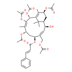 ChemSpider 2D Image | (1R,2S,3Z,5S,7S,8E,10R,13S)-7,9,10,13-Tetraacetoxy-4-(acetoxymethyl)-2-hydroxy-8,12,15,15-tetramethylbicyclo[9.3.1]pentadeca-3,8,11-trien-5-yl (2E)-3-phenylacrylate | C39H48O13