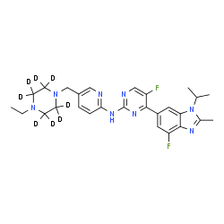 ChemSpider 2D Image | N-(5-{[4-Ethyl(~2~H_8_)-1-piperazinyl]methyl}-2-pyridinyl)-5-fluoro-4-(4-fluoro-1-isopropyl-2-methyl-1H-benzimidazol-6-yl)-2-pyrimidinamine | C27H24D8F2N8