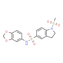 ChemSpider 2D Image | N-(1,3-Benzodioxol-5-yl)-1-(methylsulfonyl)-5-indolinesulfonamide | C16H16N2O6S2