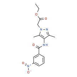 ChemSpider 2D Image | Ethyl 3,5-dimethyl-4-[(3-nitrobenzoyl)amino]-1H-pyrazole-1-acetate | C16H18N4O5