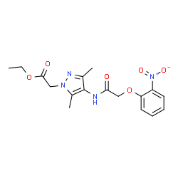 ChemSpider 2D Image | Ethyl (3,5-dimethyl-4-{[(2-nitrophenoxy)acetyl]amino}-1H-pyrazol-1-yl)acetate | C17H20N4O6