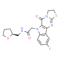 ChemSpider 2D Image | 2-(9-Fluoro-5-oxo-2,3-dihydro[1,3]thiazolo[3',2':1,2]pyrimido[5,4-b]indol-6(5H)-yl)-N-[(2S)-tetrahydro-2-furanylmethyl]acetamide | C19H19FN4O3S