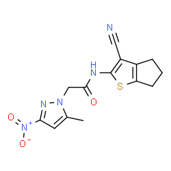 ChemSpider 2D Image | N-(3-Cyano-5,6-dihydro-4H-cyclopenta[b]thiophen-2-yl)-2-(5-methyl-3-nitro-1H-pyrazol-1-yl)acetamide | C14H13N5O3S