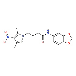 ChemSpider 2D Image | N-(1,3-Benzodioxol-5-yl)-4-(3,5-dimethyl-4-nitro-1H-pyrazol-1-yl)butanamide | C16H18N4O5