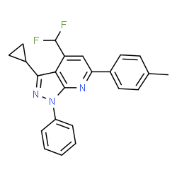 ChemSpider 2D Image | 3-Cyclopropyl-4-(difluoromethyl)-6-(4-methylphenyl)-1-phenyl-1H-pyrazolo[3,4-b]pyridine | C23H19F2N3