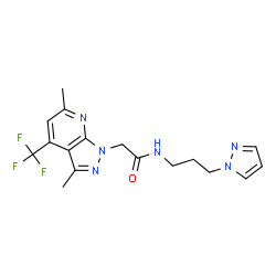 ChemSpider 2D Image | 2-[3,6-Dimethyl-4-(trifluoromethyl)-1H-pyrazolo[3,4-b]pyridin-1-yl]-N-[3-(1H-pyrazol-1-yl)propyl]acetamide | C17H19F3N6O