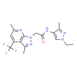ChemSpider 2D Image | 2-[3,6-Dimethyl-4-(trifluoromethyl)-1H-pyrazolo[3,4-b]pyridin-1-yl]-N-(1-ethyl-3-methyl-1H-pyrazol-4-yl)acetamide | C17H19F3N6O