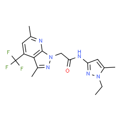 ChemSpider 2D Image | 2-[3,6-Dimethyl-4-(trifluoromethyl)-1H-pyrazolo[3,4-b]pyridin-1-yl]-N-(1-ethyl-5-methyl-1H-pyrazol-3-yl)acetamide | C17H19F3N6O