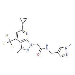 ChemSpider 2D Image | 2-[6-Cyclopropyl-3-methyl-4-(trifluoromethyl)-1H-pyrazolo[3,4-b]pyridin-1-yl]-N-[(1-methyl-1H-pyrazol-4-yl)methyl]acetamide | C18H19F3N6O