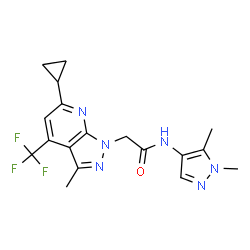 ChemSpider 2D Image | 2-[6-Cyclopropyl-3-methyl-4-(trifluoromethyl)-1H-pyrazolo[3,4-b]pyridin-1-yl]-N-(1,5-dimethyl-1H-pyrazol-4-yl)acetamide | C18H19F3N6O