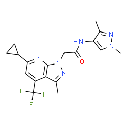 ChemSpider 2D Image | 2-[6-Cyclopropyl-3-methyl-4-(trifluoromethyl)-1H-pyrazolo[3,4-b]pyridin-1-yl]-N-(1,3-dimethyl-1H-pyrazol-4-yl)acetamide | C18H19F3N6O