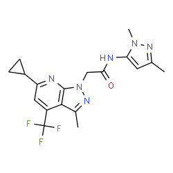 ChemSpider 2D Image | 2-[6-Cyclopropyl-3-methyl-4-(trifluoromethyl)-1H-pyrazolo[3,4-b]pyridin-1-yl]-N-(1,3-dimethyl-1H-pyrazol-5-yl)acetamide | C18H19F3N6O