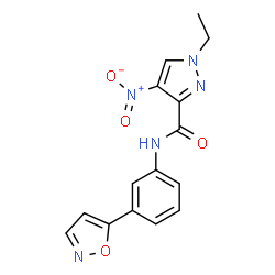 ChemSpider 2D Image | 1-Ethyl-4-nitro-N-[3-(1,2-oxazol-5-yl)phenyl]-1H-pyrazole-3-carboxamide | C15H13N5O4