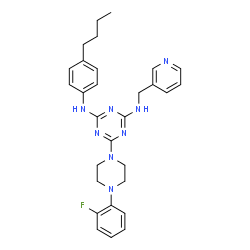 ChemSpider 2D Image | N-(4-Butylphenyl)-6-[4-(2-fluorophenyl)-1-piperazinyl]-N'-(3-pyridinylmethyl)-1,3,5-triazine-2,4-diamine | C29H33FN8
