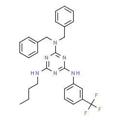 ChemSpider 2D Image | N~2~,N~2~-Dibenzyl-N~4~-butyl-N~6~-[3-(trifluoromethyl)phenyl]-1,3,5-triazine-2,4,6-triamine | C28H29F3N6