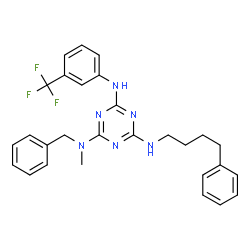 ChemSpider 2D Image | N~2~-Benzyl-N~2~-methyl-N~4~-(4-phenylbutyl)-N~6~-[3-(trifluoromethyl)phenyl]-1,3,5-triazine-2,4,6-triamine | C28H29F3N6