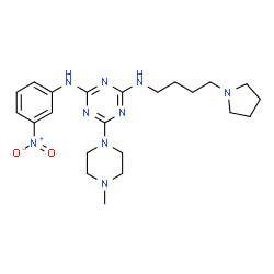 ChemSpider 2D Image | 6-(4-Methyl-1-piperazinyl)-N-(3-nitrophenyl)-N'-[4-(1-pyrrolidinyl)butyl]-1,3,5-triazine-2,4-diamine | C22H33N9O2