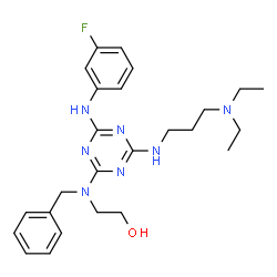 ChemSpider 2D Image | 2-[Benzyl(4-{[3-(diethylamino)propyl]amino}-6-[(3-fluorophenyl)amino]-1,3,5-triazin-2-yl)amino]ethanol | C25H34FN7O