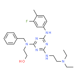ChemSpider 2D Image | 2-[Benzyl(4-{[2-(diethylamino)ethyl]amino}-6-[(3-fluoro-4-methylphenyl)amino]-1,3,5-triazin-2-yl)amino]ethanol | C25H34FN7O