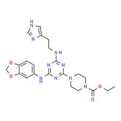 ChemSpider 2D Image | Ethyl 4-[4-(1,3-benzodioxol-5-ylamino)-6-{[2-(1H-imidazol-4-yl)ethyl]amino}-1,3,5-triazin-2-yl]-1-piperazinecarboxylate | C22H27N9O4