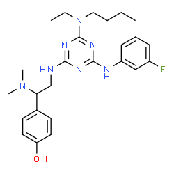 ChemSpider 2D Image | 4-[2-({4-[Butyl(ethyl)amino]-6-[(3-fluorophenyl)amino]-1,3,5-triazin-2-yl}amino)-1-(dimethylamino)ethyl]phenol | C25H34FN7O