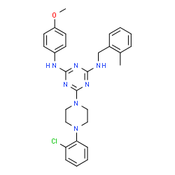 ChemSpider 2D Image | 6-[4-(2-Chlorophenyl)-1-piperazinyl]-N-(4-methoxyphenyl)-N'-(2-methylbenzyl)-1,3,5-triazine-2,4-diamine | C28H30ClN7O