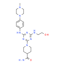 ChemSpider 2D Image | 1-(4-[(2-Hydroxyethyl)amino]-6-{[4-(4-methyl-1-piperazinyl)phenyl]amino}-1,3,5-triazin-2-yl)-4-piperidinecarboxamide | C22H33N9O2