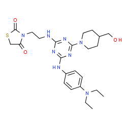 ChemSpider 2D Image | 3-{2-[(4-{[4-(Diethylamino)phenyl]amino}-6-[4-(hydroxymethyl)-1-piperidinyl]-1,3,5-triazin-2-yl)amino]ethyl}-1,3-thiazolidine-2,4-dione | C24H34N8O3S