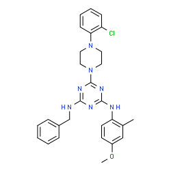 ChemSpider 2D Image | N-Benzyl-6-[4-(2-chlorophenyl)-1-piperazinyl]-N'-(4-methoxy-2-methylphenyl)-1,3,5-triazine-2,4-diamine | C28H30ClN7O