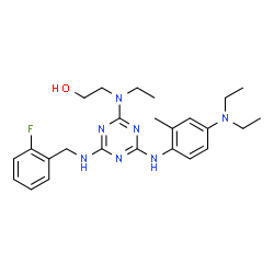 ChemSpider 2D Image | 2-[(4-{[4-(Diethylamino)-2-methylphenyl]amino}-6-[(2-fluorobenzyl)amino]-1,3,5-triazin-2-yl)(ethyl)amino]ethanol | C25H34FN7O