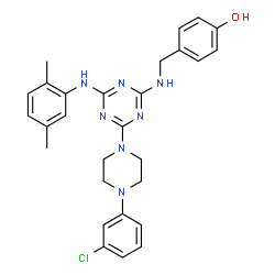 ChemSpider 2D Image | 4-[({4-[4-(3-Chlorophenyl)-1-piperazinyl]-6-[(2,5-dimethylphenyl)amino]-1,3,5-triazin-2-yl}amino)methyl]phenol | C28H30ClN7O